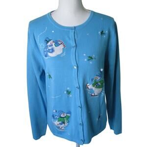 K.B. Collection Women's Blue Long Sleeve Snowman Button Front Cardigan Size L.
